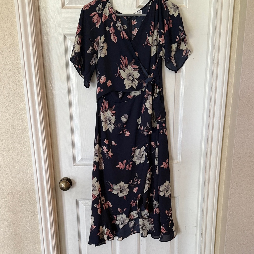Sienna Sky Floral Wrap Midi Dress in Navy and Pink